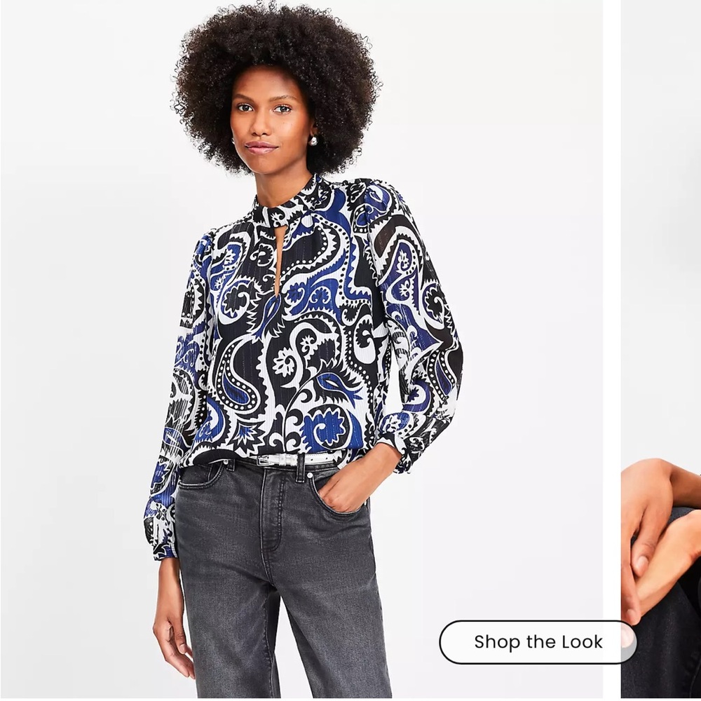 NWT Loft Shimmer Stripe Paisley Mock Neck Blouse Top Medium Petite